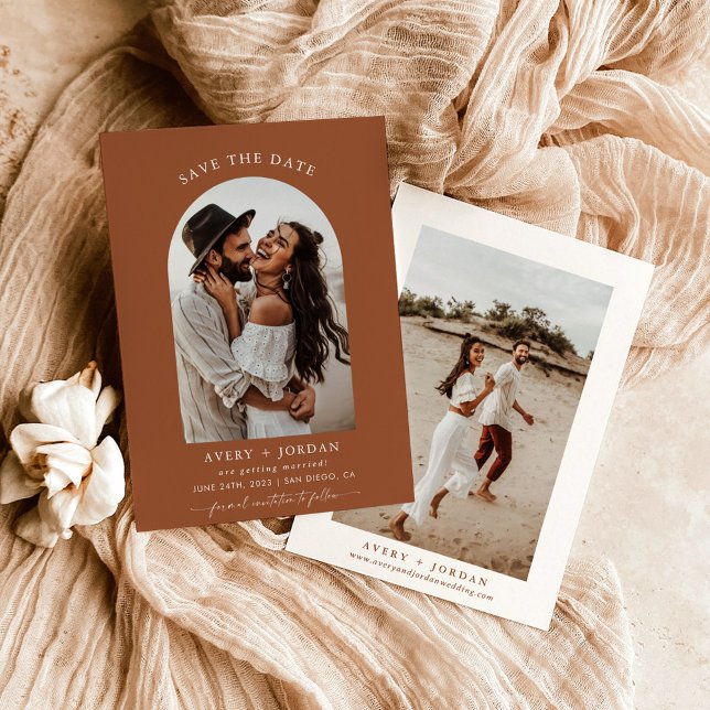 Boho Terracotta Photo Save The Dates Cards (Creator Uploaded)