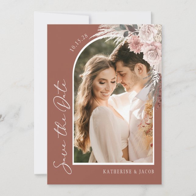 Boho Terracotta Photo Wedding Save The Date (Front)
