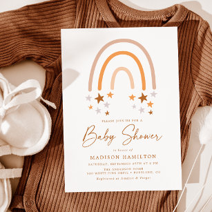 Boho Terracotta Rainbow and Stars Baby Shower Invitation