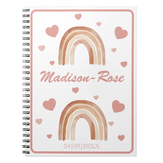 Boho Terracotta Rainbow Hearts Name Notebook (Front)