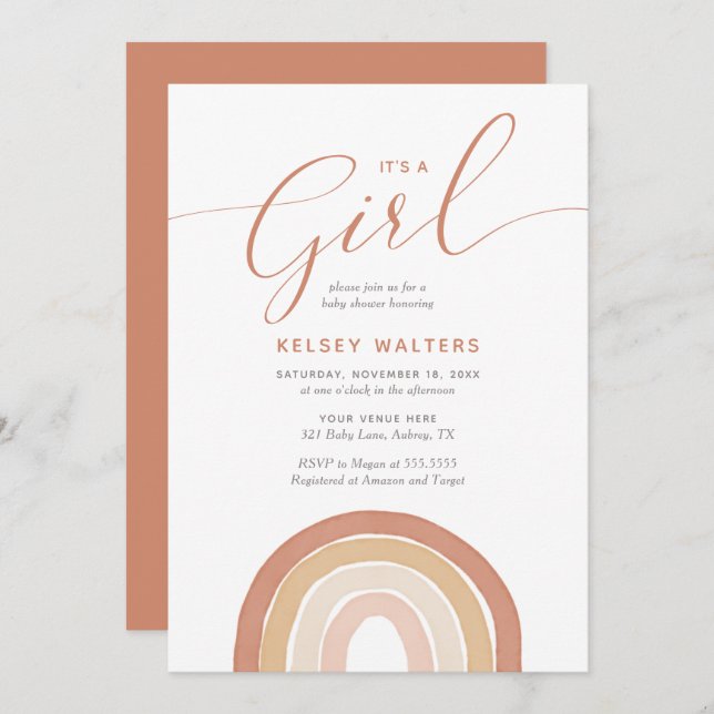 Boho Terracotta Rainbow Its a Girl Baby Shower Invitation (Front/Back)