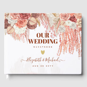 Boho Terracotta Rose Pampas Grass Floral Wedding Guest Book