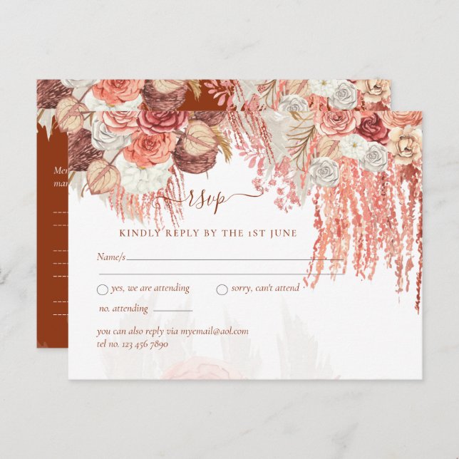 Boho Terracotta Rose Pampas Grass Floral Wedding Postcard (Front/Back)