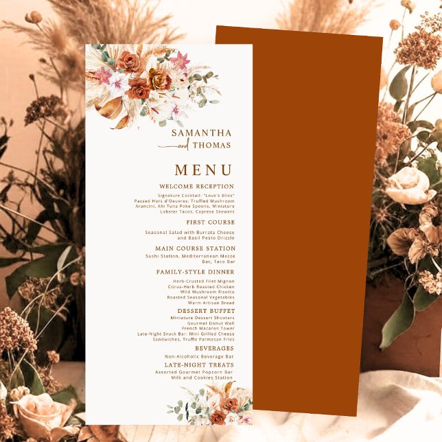 Boho Terracotta Rose Pampas Grass Wedding Menu  (Creator Uploaded)