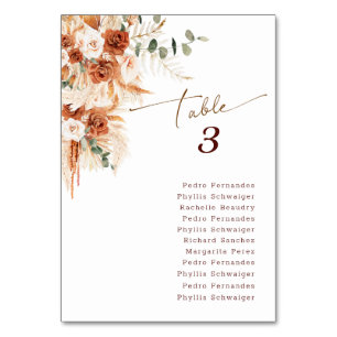 Boho Terracotta Rose Pampas Grass Wedding  Table Number