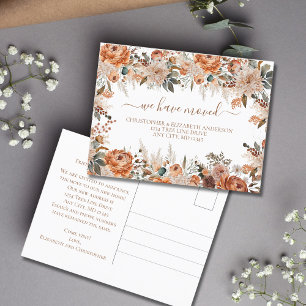 Boho Terracotta Rust Beige Floral Script Moving Announcement Postcard