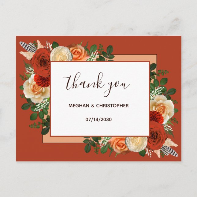 Boho Terracotta Rust Floral Wedding Thank You Postcard (Front)