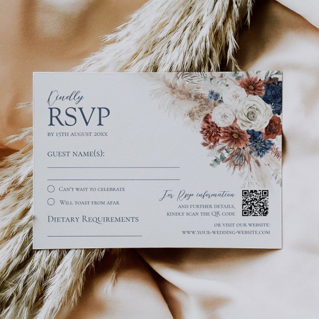 Boho Terracotta Rust Navy Floral Wedding RSVP Card (Boho Terracotta Rust Navy Floral Wedding RSVP Card QR Code)