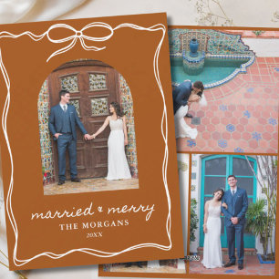 Boho Terracotta Rustic Married & Merry 4 Photo Holiday Card