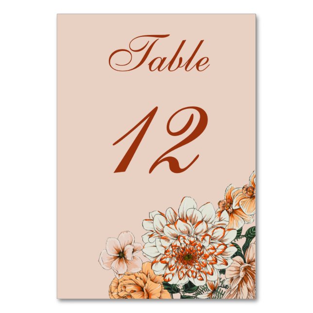 Boho Terracotta Sage Fall Floral Wedding  Table Number (Front)