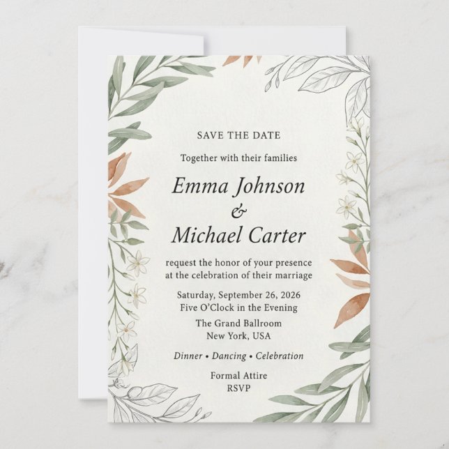 Boho Terracotta & Sage Green Botanical Wedding  Save The Date (Front)