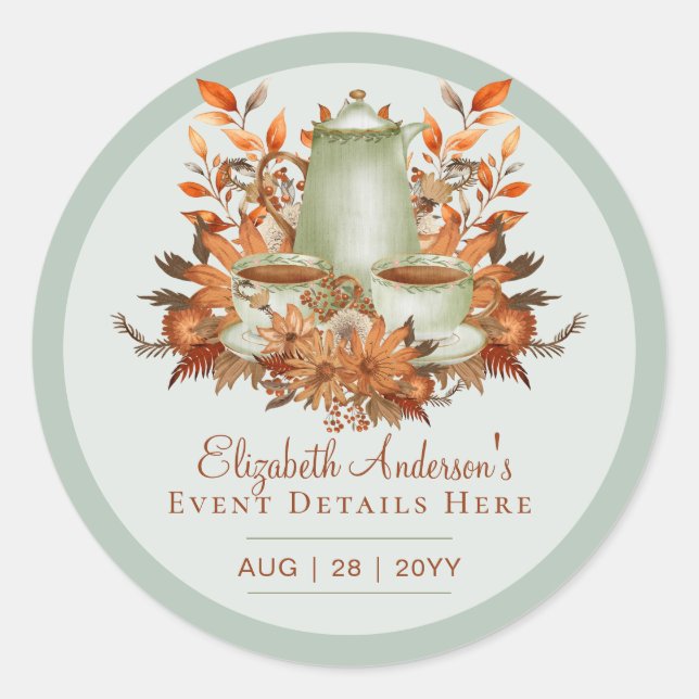 Boho Terracotta Sage Tea Party Baby Bridal Shower Classic Round Sticker (Front)