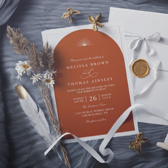 Boho Terracotta Sun Arch Chic QR Code Wedding Invitation (Creator Uploaded)