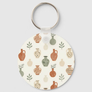 Boho Terracotta Vases Botanical Pattern Key Ring