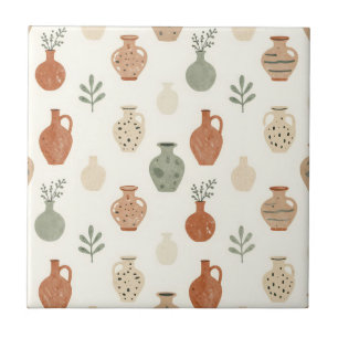 Boho Terracotta Vases Botanical Pattern Tile