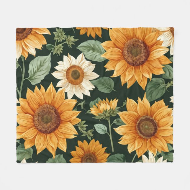 Boho Terracotta Vintage Sunflower Pattern Fleece Blanket (Front (Horizontal))
