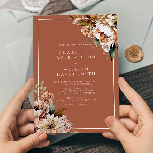 Boho Terracotta Watercolor Flowers Autumn Wedding Invitation (Creator Uploaded)