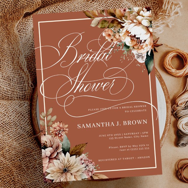 Boho Terracotta Watercolor Flowers Bridal Shower Invitation (Creator Uploaded)