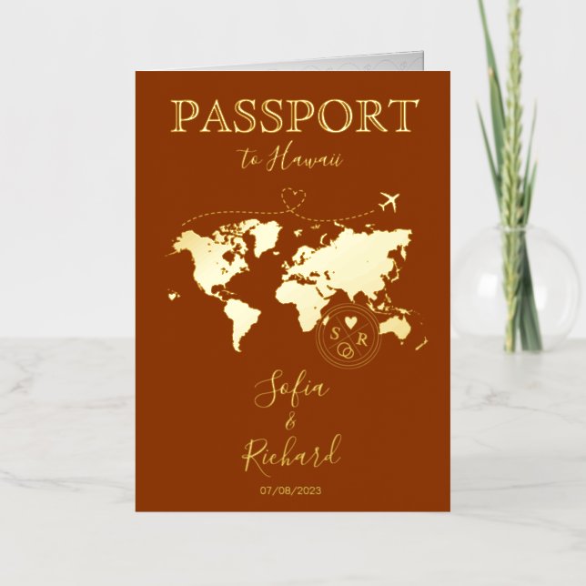 Boho Terracotta Wedding Passport World Map Hawaii Foil Greeting Card (Front)
