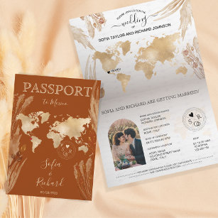 Boho Terracotta Wedding Passport World Map Invitation