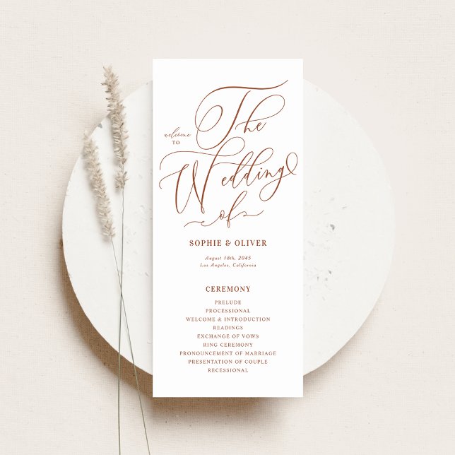Boho Terracotta Whimsical Calligraphy Wedding Programme (Customizable wedding programs card featuring terracotta whimsical calligraphy. )