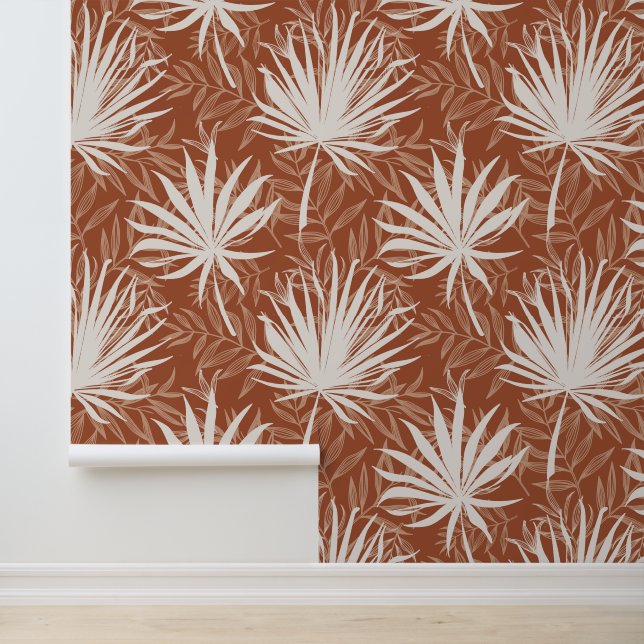 Boho Terracotta White Palm Leaf Print Pattern Wallpaper (Application)