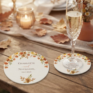 Boho Terracotta Wildflower Fall Wedding Round Paper Coaster