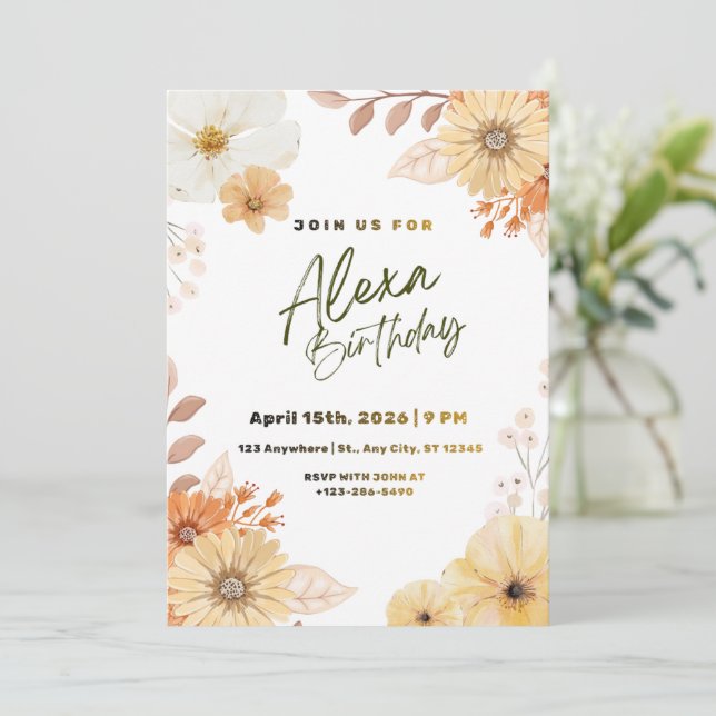 Boho Terracotta Wildflower Floral Graphic Invitation (Standing Front)