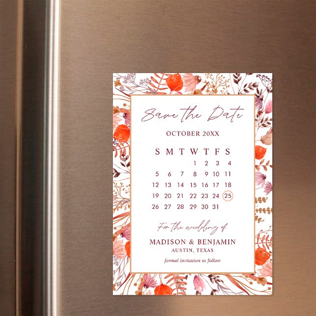Boho Terracotta Wildflowers Photo Wedding Calendar Magnetic Invitation (Creator Uploaded)