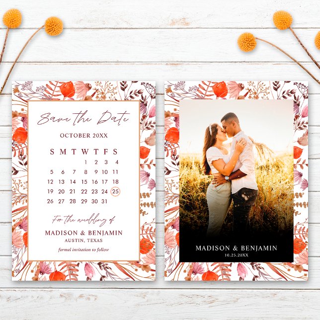 Boho Terracotta Wildflowers Photo Wedding Calendar Save The Date (Creator Uploaded)