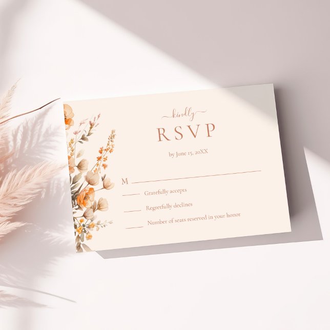 Boho Terracotta Wildflowers Wedding RSVP Card (Boho Terracotta Wildflowers Wedding RSVP Card on a sunny table with neutral dry botanicals.)