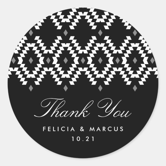 Boho Thank You sticker, black and white Classic Round Sticker (Front)