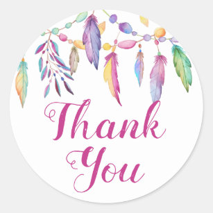 Boho Thank You Watercolor Feather Indian Wedding Classic Round Sticker