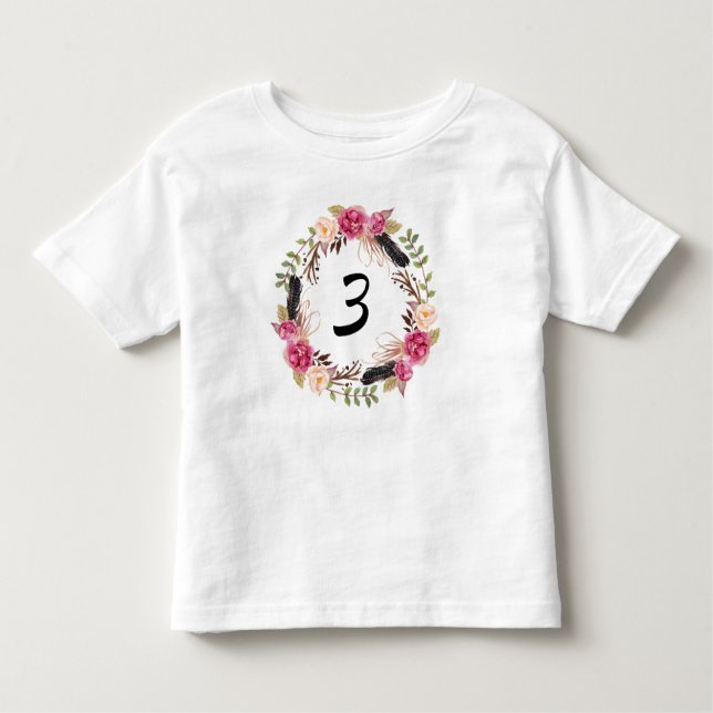Boho Third Birthday Party 3rd Year Floral Pretty Toddler T-Shirt (Front)