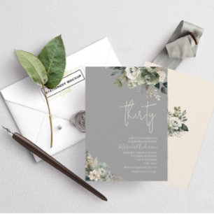 Boho thirty sage green flowers watercolor birthday invitation