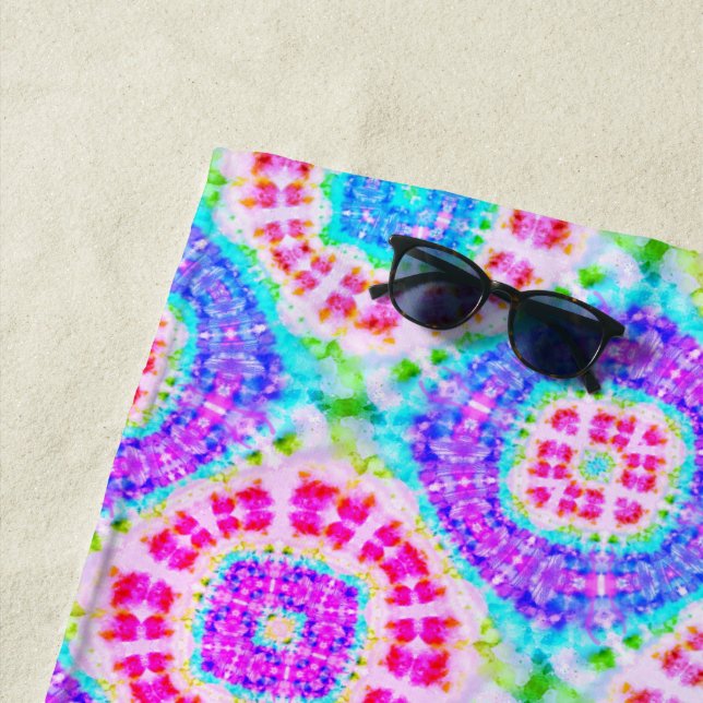 Boho Tie-Dye Purple Pink Blue Pattern Beach Towel (In Situ)