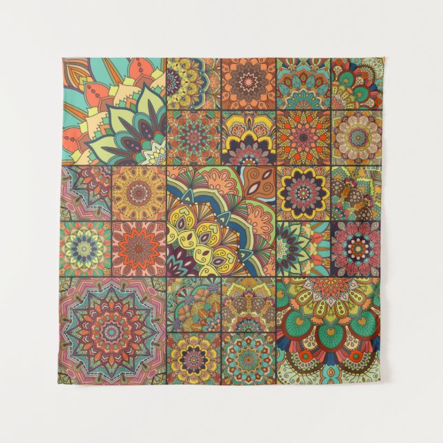 Boho tile set and seamless pattern. Colorful patch Tapestry (Front)