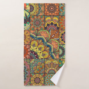 Boho tile set and seamless pattern. Colourful patc Bath Towel