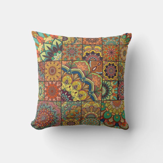 Boho tile set and seamless pattern. Colourful patc Cushion (Front)