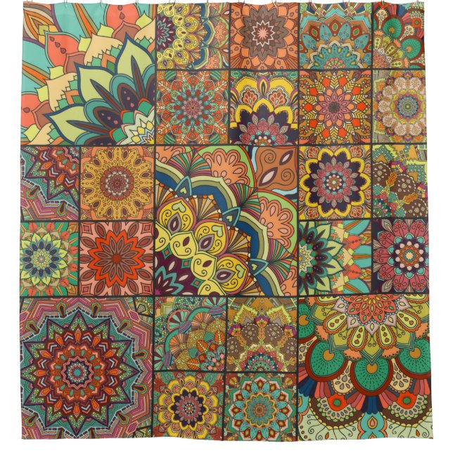 Boho tile set and seamless pattern. Colourful patc Shower Curtain (Front)