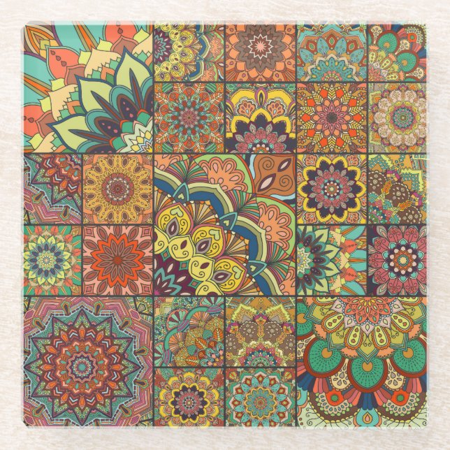 Boho tiles: colourful patchwork seamless pattern glass coaster (Front)