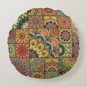 Boho tiles: colourful patchwork seamless pattern round cushion