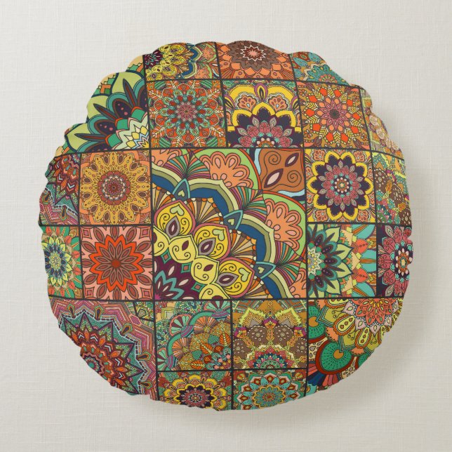 Boho tiles: colourful patchwork seamless pattern round cushion (Front)