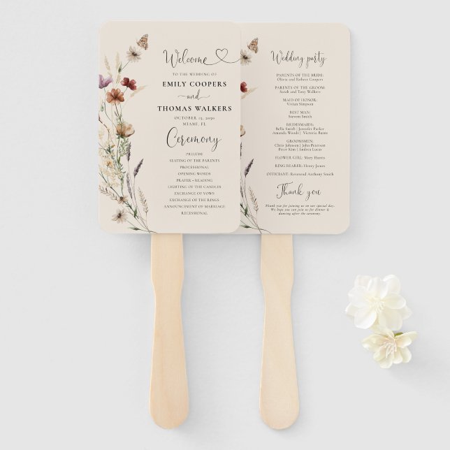 Boho Tiny Wildflower Wedding Program Hand Fan (Front and Back)
