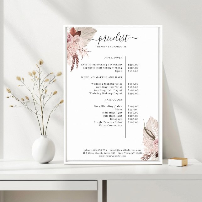 Boho Trendy Light-Pink Pricelist  Poster (Boho Trendy Pricelist Poster)