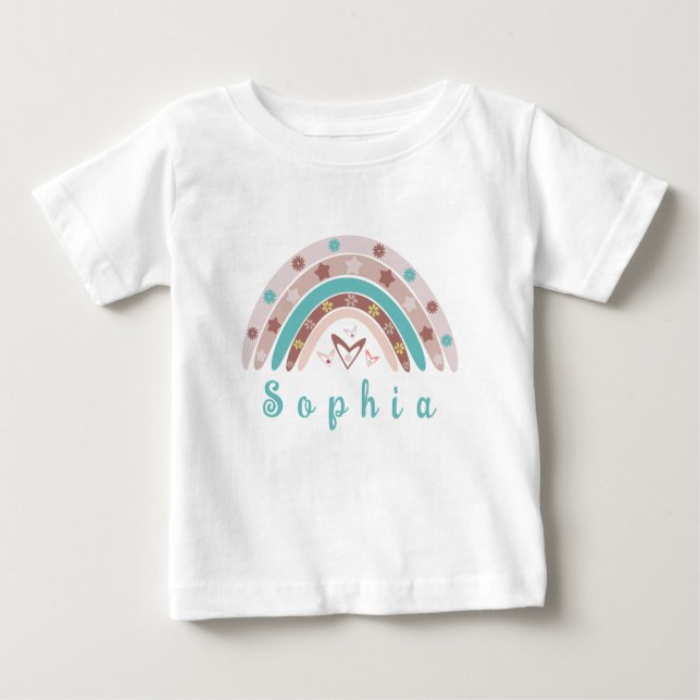 Boho Trendy Rainbow with Personalised Name Baby T-Shirt (Front)