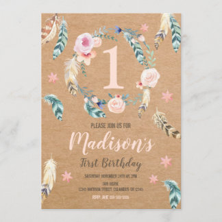 Boho Tribal 1st Birthday Invitation for a Girl