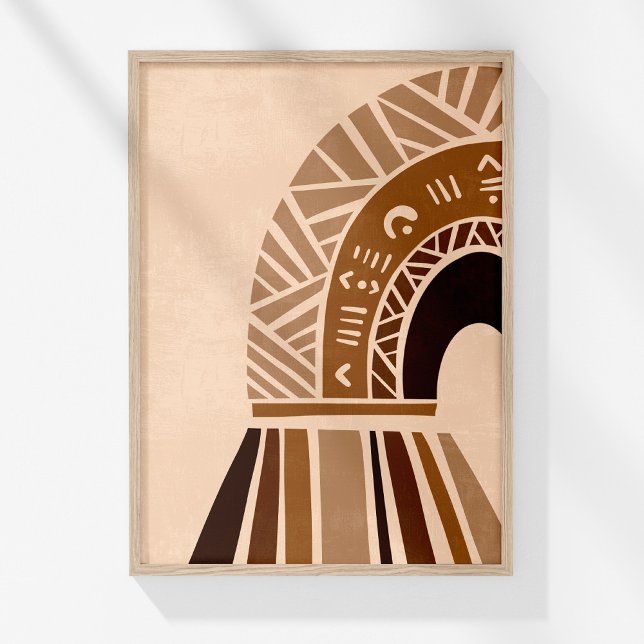 Boho Tribal Arch Abstract Neutral Wall Art Print (Boho Neutral Abstract Tribal Rainbow Wall Art in a wooden frame on a sunny white wall.)