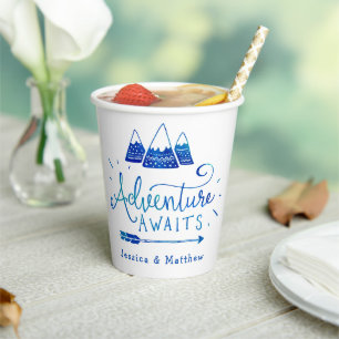Boho Tribal Blue "Adventure Awaits" Baby Shower Paper Cups