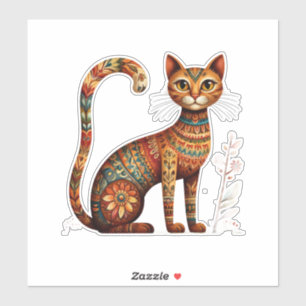 Boho Tribal Cat Cute Folk Art with Flowers